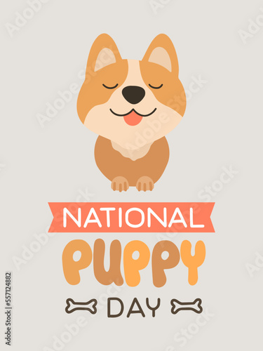 Vector illustration on the theme of National Puppy Day day on March 23. Decorated with a handwritten inscription and stylized corgi puppy and bones treat illustration.