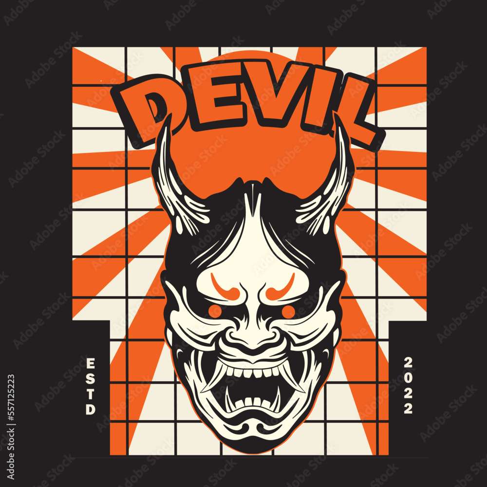 Japanese Demon Oni Mask Logo Design vector illustration,it can be used for shirt design or poster	
