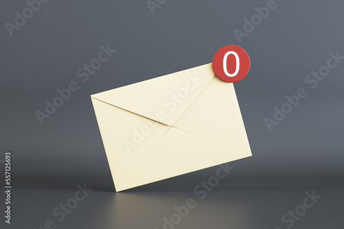 No messages or notification concept with front view on beige email paper envelope with white zero in red circle on the corner on dark background. 3D rendering