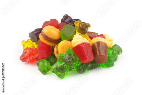 Assortment of gummy candies isolated on white background.	