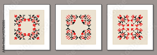 Set of posters with traditional Ukrainian embroidery ethnic ornament vyshyvanka
