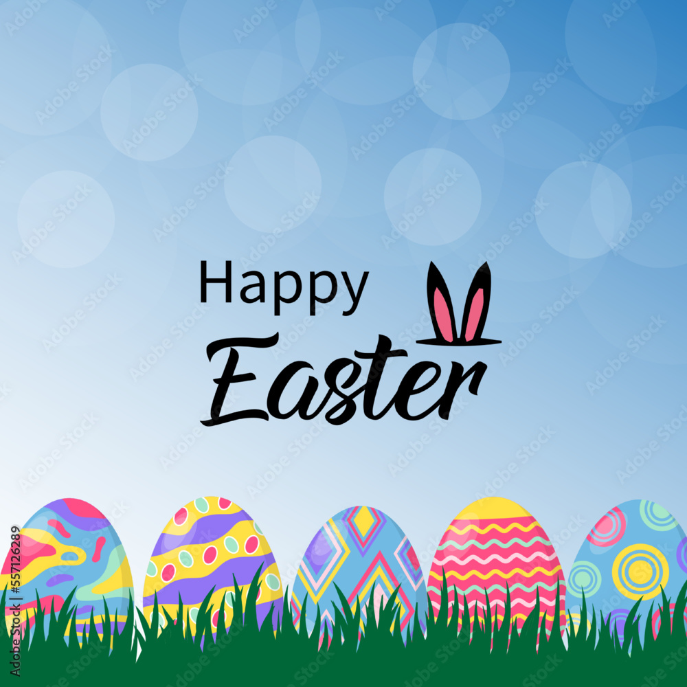 Happy easter text with rabbit's ear and eggs placed on the grass vector