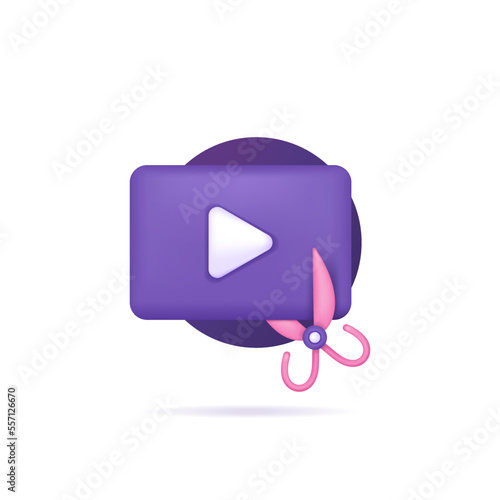 symbol of video and scissors. icon about video editing, short video, video cut. 3d and realistic concept illustration design. graphic elements