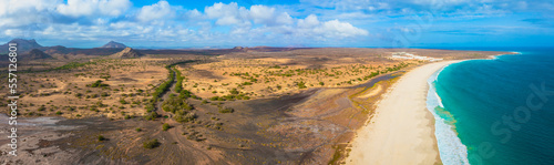 Aerial view of landscape near atlantic ocean at Santa Monica Beach, Cape Verde