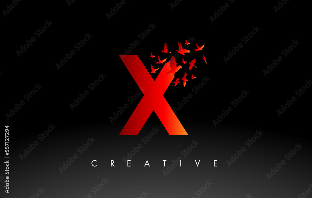 Fototapeta premium Red X Logo Letter with Flock of Birds Flying and Disintegrating from the Letter.