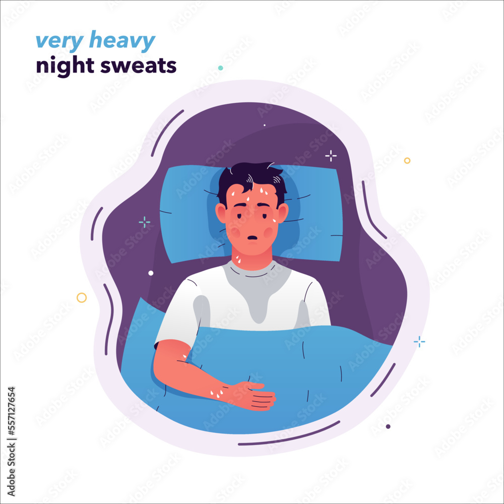 Vector illustration of a guy lying in bed with flu symptoms. The man