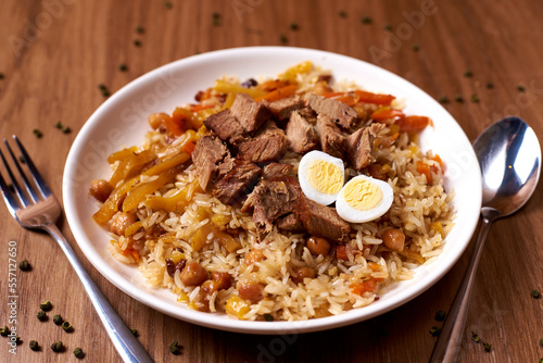 pilaf, with lamb meat, and quail egg