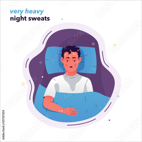 Vector illustration of a guy lying in bed with flu symptoms. The man woke up covered in sweat. Illustration of the symptoms of profuse night sweats. Very heavy sweating during sleep. Cold symptoms.