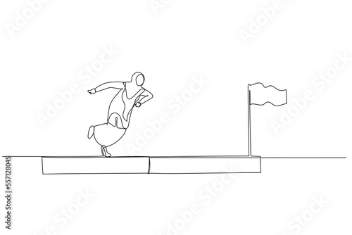 Cartoon of muslim woman enterpreneur run on progress bar to achieve success flag concept of progress. One line art style