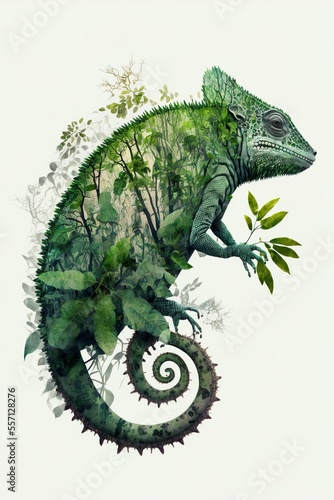 green chameleon with forest pattern clip art preview