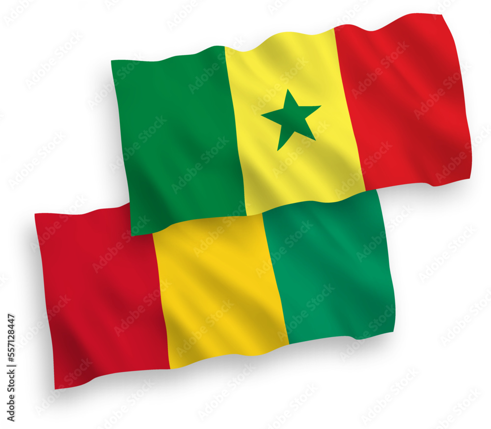 Obraz premium National vector fabric wave flags of Republic of Senegal and Guinea isolated on white background. 1 to 2 proportion.