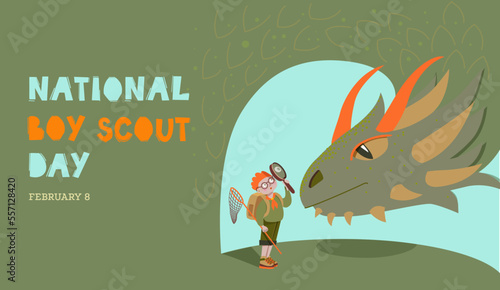 National Boy Scout Day February 8. A boy scout meets a dragon in the wild forest.