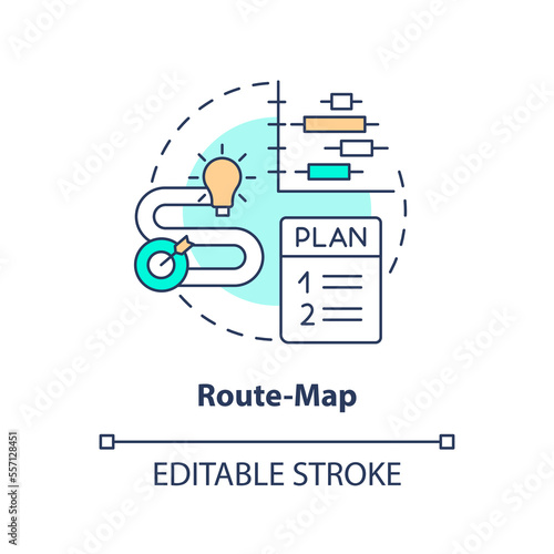 Route map concept icon. Create business strategy. Project planning benefit abstract idea thin line illustration. Isolated outline drawing. Editable stroke. Arial, Myriad Pro-Bold fonts used