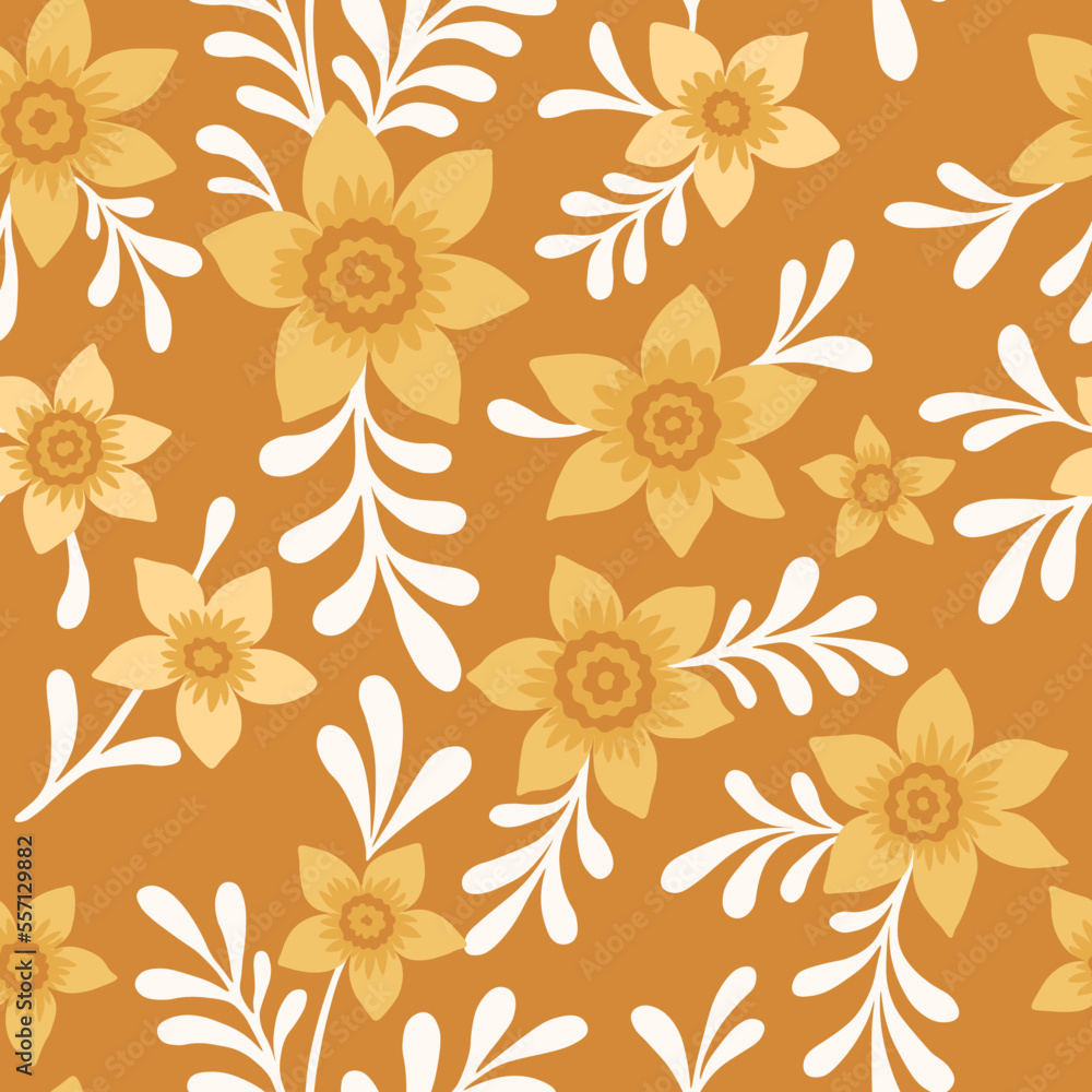 Simple vintage pattern. Cute yellow flowers. Yellow background. Fashionable print for textiles and wallpaper.