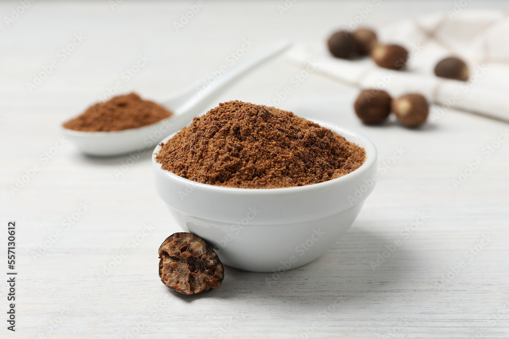 Concept of different spices and condiments, nutmegs Concept of different spices and condiments, nutmegs