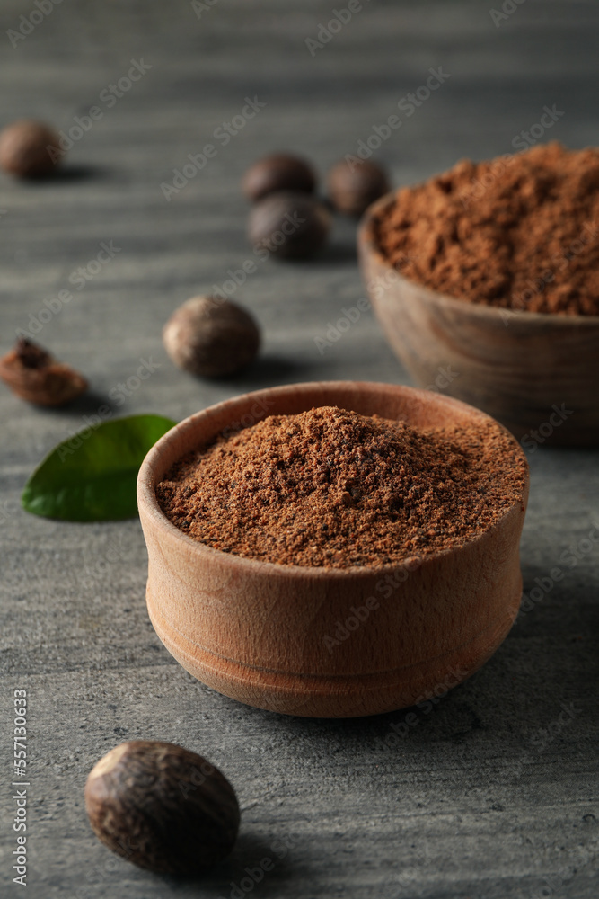 Concept of different spices and condiments, nutmegs Concept of different spices and condiments, nutmegs
