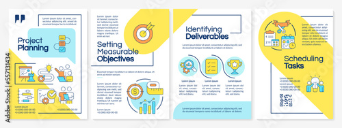 Project planning blue and yellow brochure template. Business strategy. Leaflet design with linear icons. Editable 4 vector layouts for presentation, annual reports. Questrial, Lato-Regular fonts used