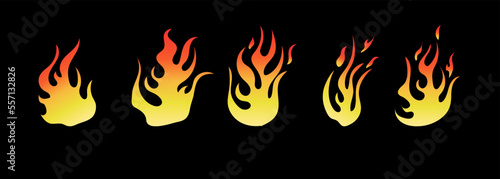 Hand drawn fire illustration on black background for element design. silhouette of flames in set.