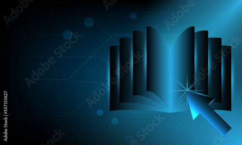 Education technology. Arrow pointer clicking on digital book. E-book, digital library, online learning concept with futuristic open book and arrow pointer. Educational resources, guide course, ebooks.