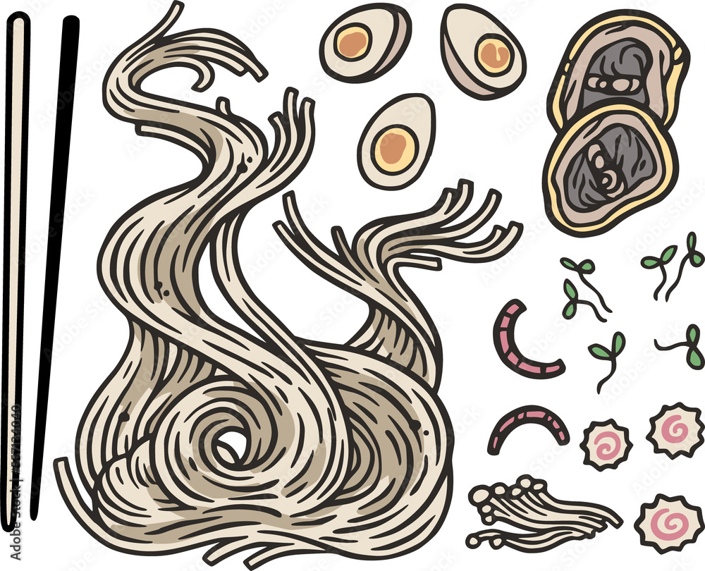 Set of elements for ramen soup with noodle, egg, seaweed, meat, chopsticks. Traditional Japanese ramen or chinese soup for design of label or asian food banner.