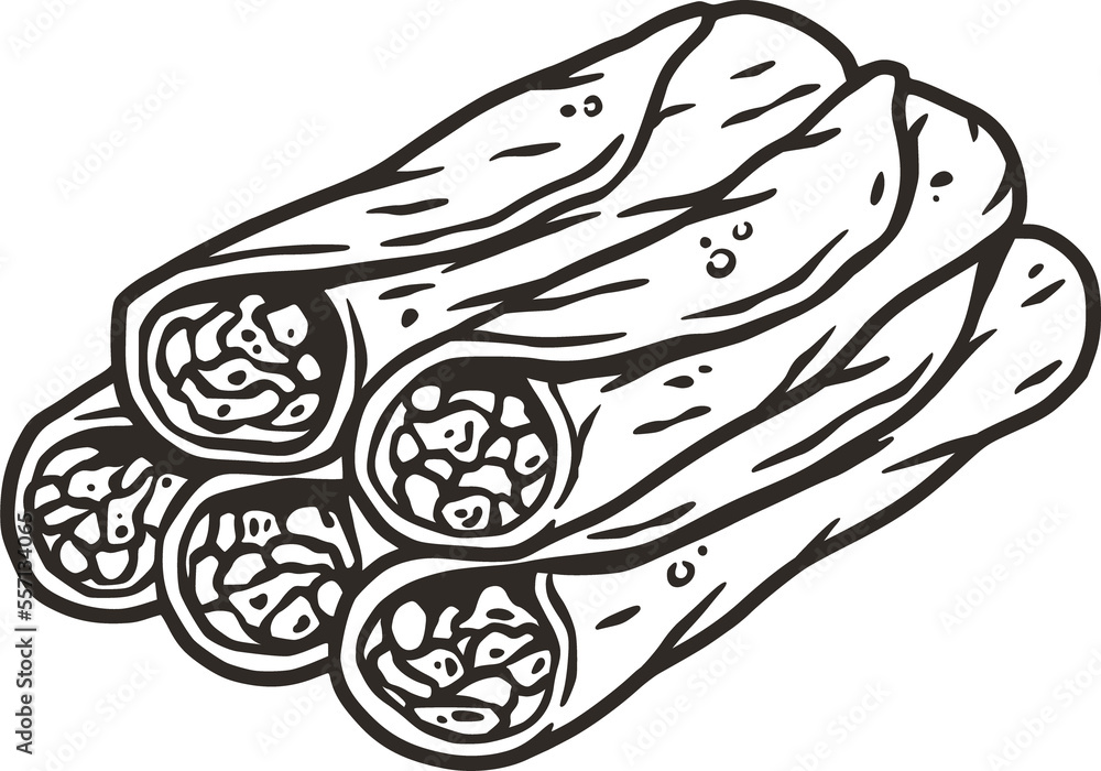 Enchilada vector with meat and rolled tortilla for design. Mexico enchilada latin food. Traditional mexican food for poster or banner. Enchilada vector with meat and rolled tortilla for design. Mexico enchilada latin food. Traditional mexican food for poster or banner.