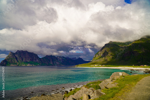 lake and mountains in the summer, norway, lofoten, rocks, water, norwegian sea