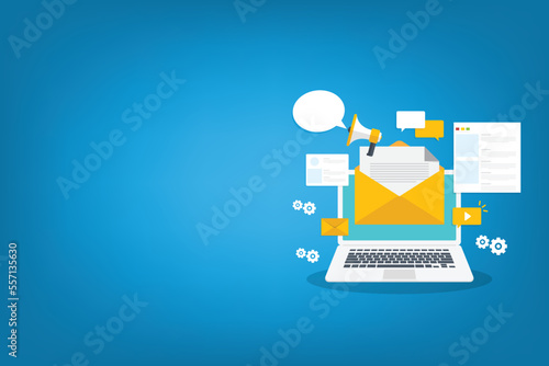 Digital email marketing. Reaching online audience with email marketing campaign, newsletter subscription. Sending marketing messages via email. Vector illustration
