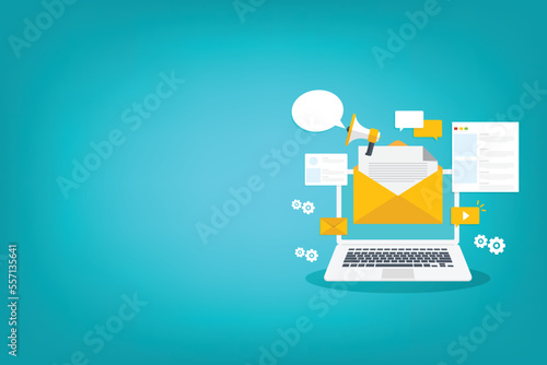Digital email marketing. Reaching online audience with email marketing campaign, newsletter subscription. Sending marketing messages via email. Vector illustration © madedee