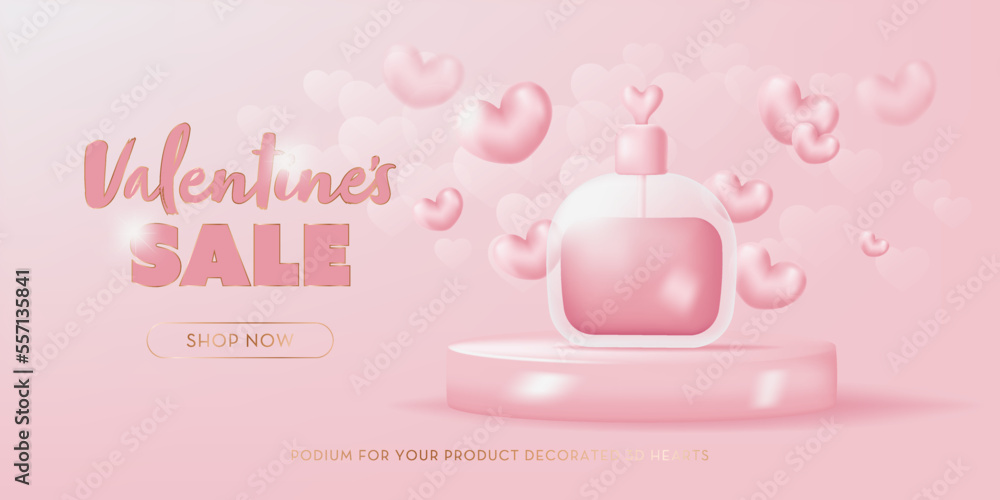 Fototapeta premium Pink bottle of perfume. Podium decorated hearts. 3D minimal realistic vector