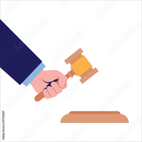 Hand taps hammer on stand. Auctioneer symbol with sales bids and legal judgments with vector judgments