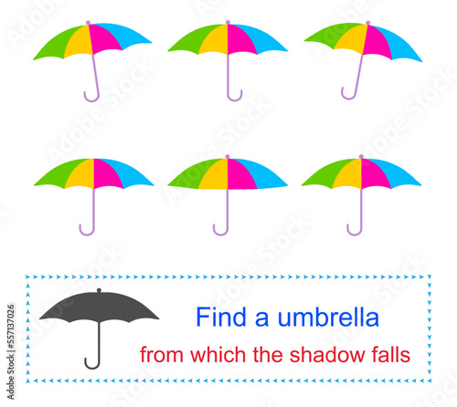 Educational game for kids. Task for attentiveness. Find a umbrella from which the shadow falls. Vector illustration.