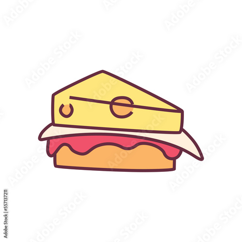 Appetizing sandwich. An appetizer of bread with cheese and ham for quick tasty satiety with traditional vector composition