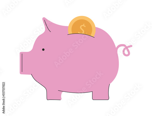 Pink pig piggy bank with gold coin. Symbol of successful investment and cash savings with financial profitability and safe vector loans