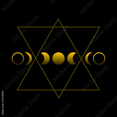 Golden mysterious magic moon different phases or lunar phases in triangle line boho on black background vector icon design.