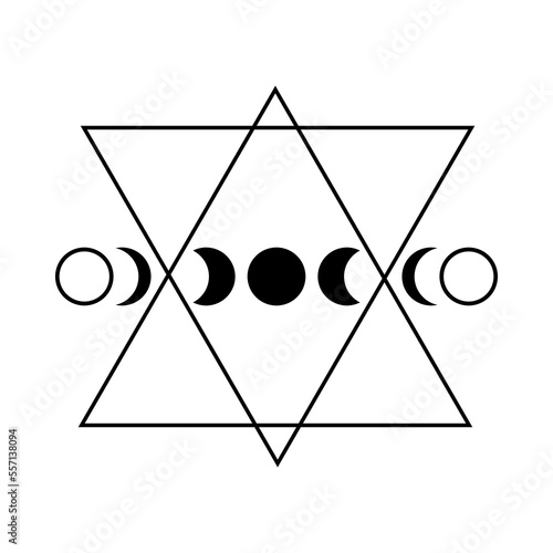 Black mysterious magic moon different phases or lunar phases in triangle line boho on white background vector icon design.