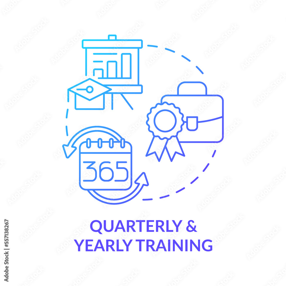 Quarterly and early training blue gradient concept icon. Regular customer service improvement abstract idea thin line illustration. Isolated outline drawing. Myriad Pro-Bold fonts used