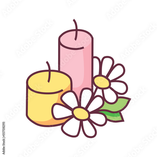 Decorative candles with flowers. Wax products for aromatherapy and romantic relaxing decor in home and spa vector salon