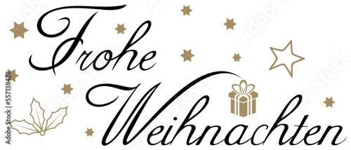 Frohe Weihnachten. Deutscher Weihnachtsgruß vektor in Gold und Schwarz. Weißer Hintergrund.
Frohe Weihnachten ist Merry Christmas in Englisch.
Ornament mit Sternen.