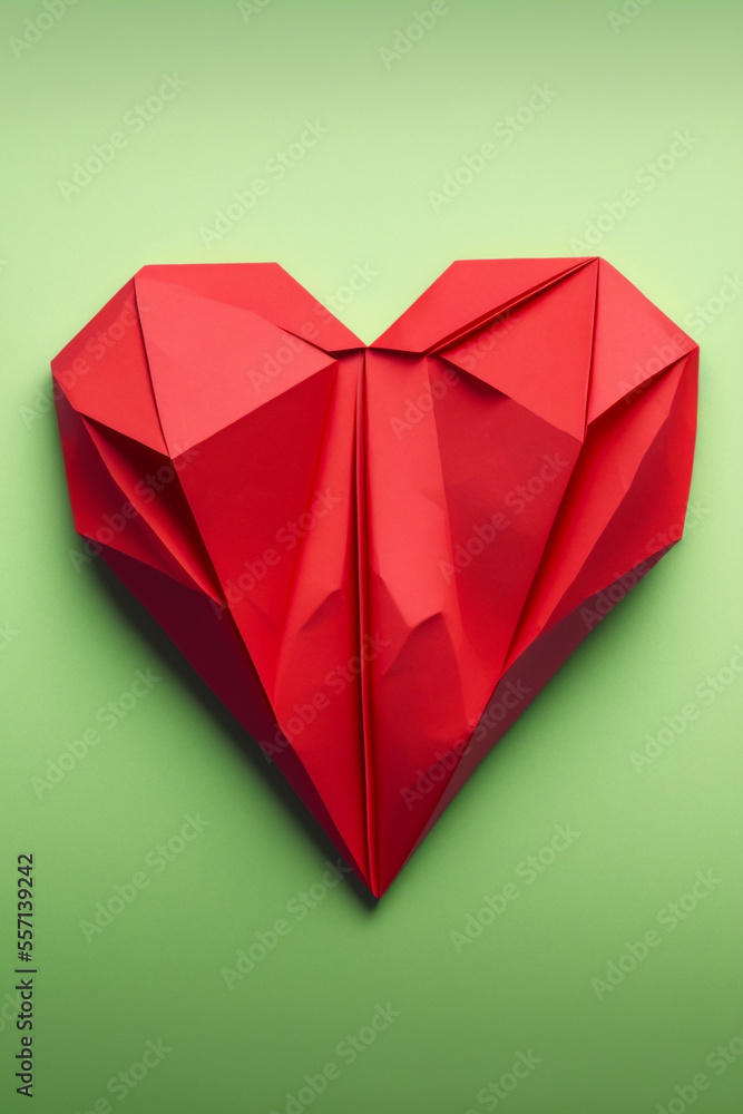Heart. Love background. Red paper origami heart on green background. Valentine card Heart. Love background. Red paper origami heart on green background. Valentine card