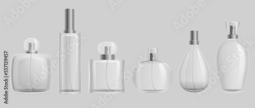 Glass bottles with perfumes mockup. Realistic templates transparent packaging for gel perfume clean hygiene for beauty salons moisturizing cleansing vector effect.