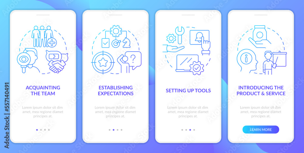 New hire customer service training blue gradient onboarding mobile app screen. Walkthrough 4 steps graphic instructions with linear concepts. UI, UX, GUI template. Myriad Pro-Bold, Regular fonts used