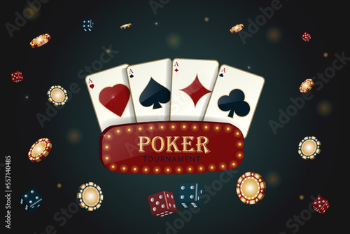 Poker tournamnet Casino Banner with flying dice, Cards and Chips. Vector illustration