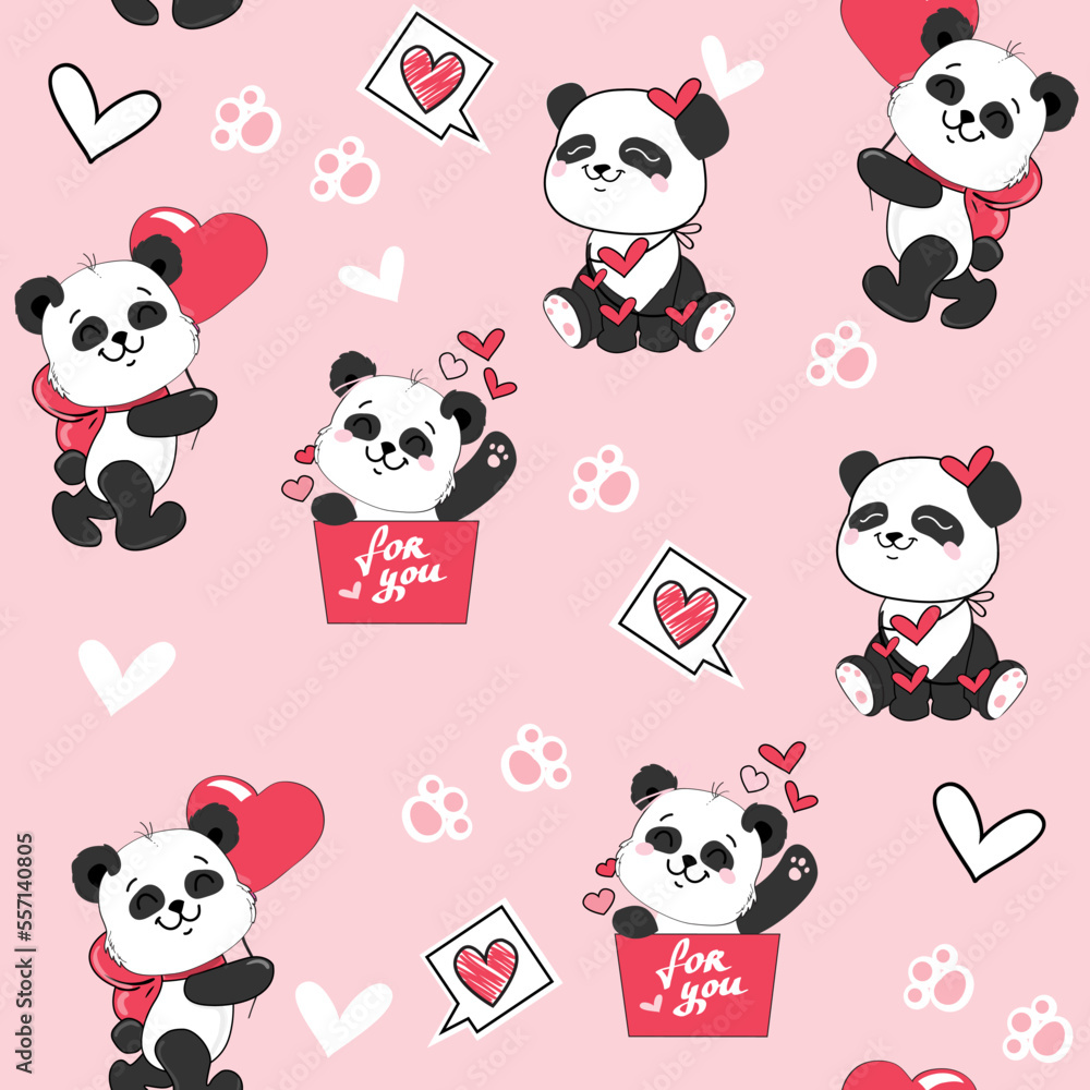 Cute cartoon panda with hearts on a pink background seamless pattern. Vector cartoon illustration in kawaii style. Valentines day and Birthday concept