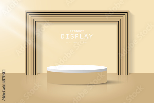 Realistic cream wood and white, 3D cylinder pedestal podium with vertical gate wood pattern background. Abstract minimal scene for mockup products, stage showcase, promotion display.