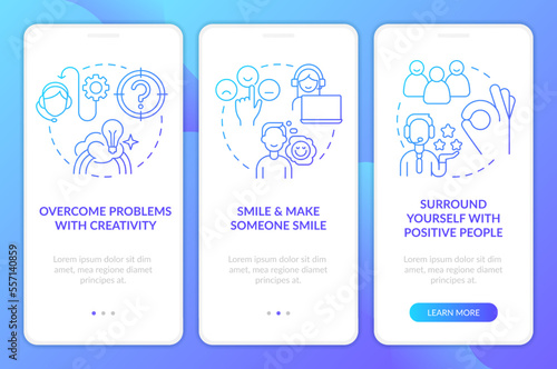 Positive attitude in service blue gradient onboarding mobile app screen. Walkthrough 3 steps graphic instructions with linear concepts. UI, UX, GUI template. Myriad Pro-Bold, Regular fonts used