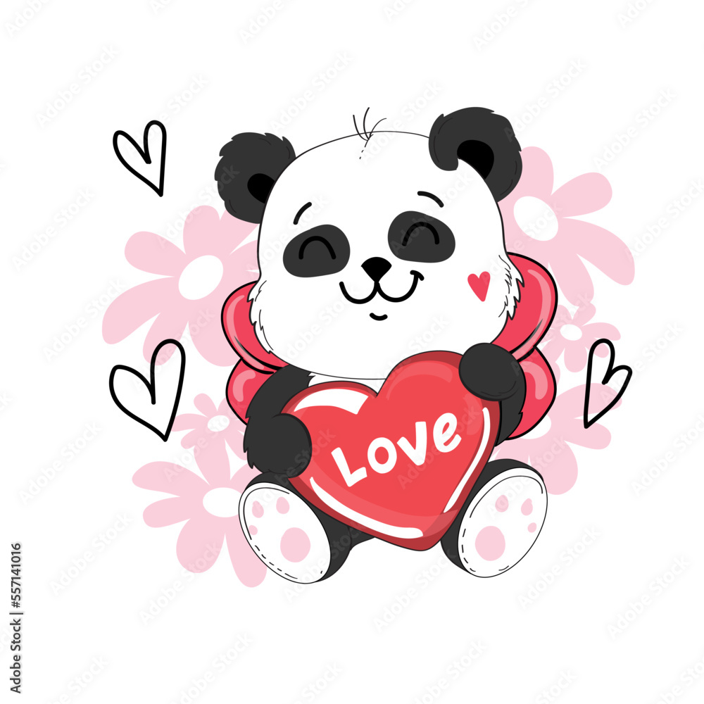 Fototapeta premium Draw of a baby panda with heart in kawaii doodle style. Valentine's Day card. Vector cartoon illustration character design banner