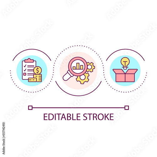 Search funding for product development loop concept icon. Business activity abstract idea thin line illustration. Finance analysis. Isolated outline drawing. Editable stroke. Arial font used