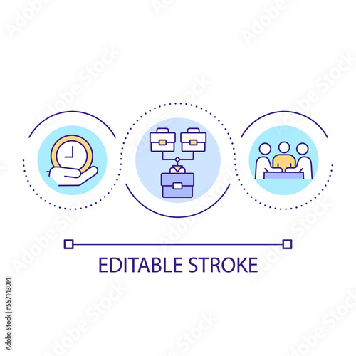 Merger timeframe for completion loop concept icon. Business activity abstract idea thin line illustration. Consolidation period. Isolated outline drawing. Editable stroke. Arial font used