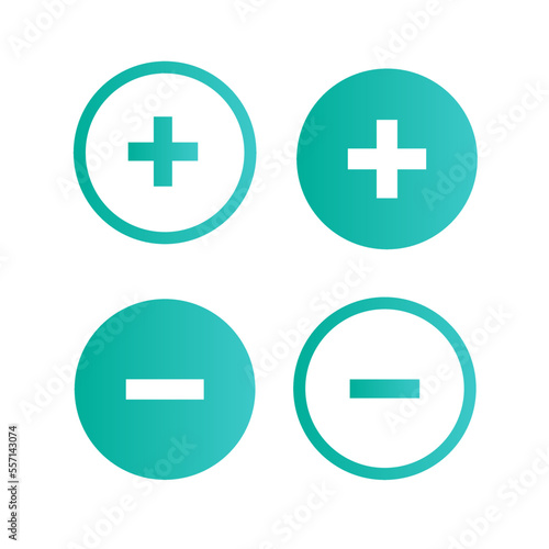 Set of flat round plus, minus sign icons, buttons, stickers. Positive and negative symbols. 