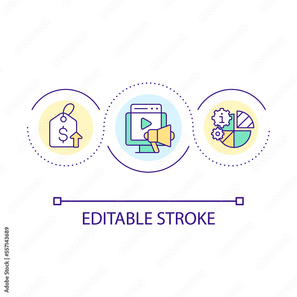 Promote expensive product loop concept icon. Social media advertising. Increasing prices abstract idea thin line illustration. Isolated outline drawing. Editable stroke. Arial font used Promote expensive product loop concept icon. Social media advertising. Increasing prices abstract idea thin line illustration. Isolated outline drawing. Editable stroke. Arial font used